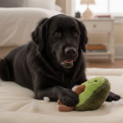 labrador joue avec Peluche Chien sur moquette beige