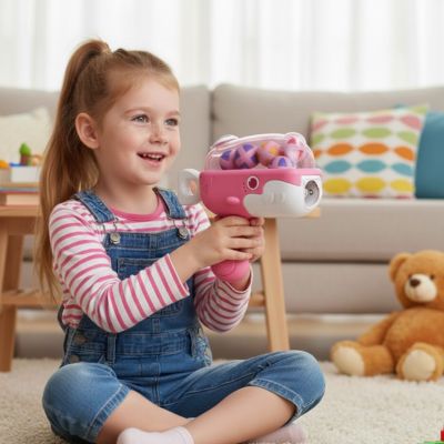 Jeu d'adresse pour enfant sous forme de pistolets en plastique rose pour lancer des balles en plastique molle sur cible