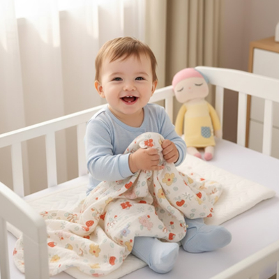 Couverture bébé fraise souriant assis sur table à langer