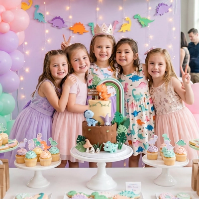 Décoration gateau anniversaire.Jeunes filles rassemblées autour de gâteau