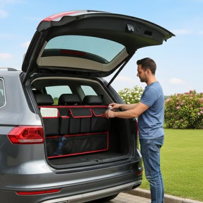 Rangement coffre voiture homme qui range des articles