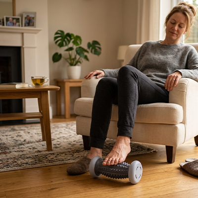 Femme se détend les jambes avec rouleau de massage