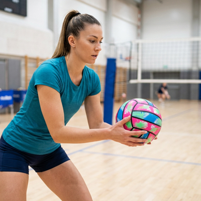 une adolescente joue avec son ballon volley aux couleurs fluo dans le gymnase de son club sportif
