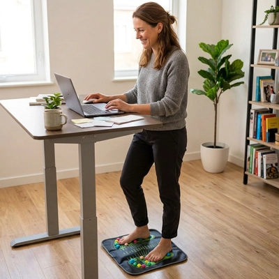 Femme travaille debout sur Tapis d'acupression devant ordinateur portable.
