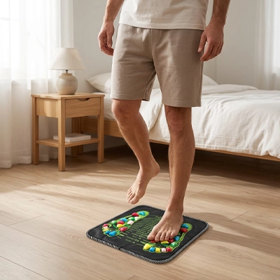 Homme debout pieds nus sur Tapis d'acupression en chambre.