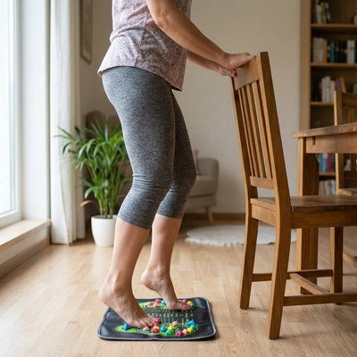 Femme debout sur un Tapis d'acupression tenant une chaise.