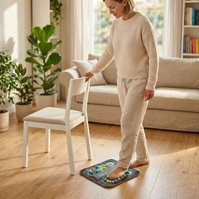 Femme debout sur Tapis d'acupression tenant une chaise blanche.