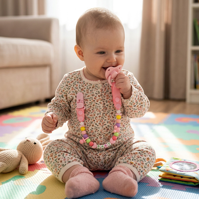 Acroche- tetine-rose-bébé-content