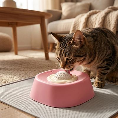Gamelle anti glouton Chat rose chat leche près table basse