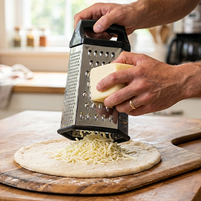 râpe a fromage sur pizza maison