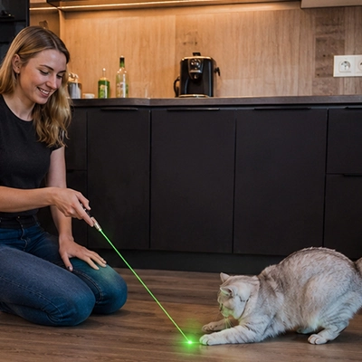femme dans cuisine avec Laser pour chat et son chat