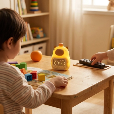 Réveil enfant l enfant surveille sont temps de travail sur son réveil-matin lumineux