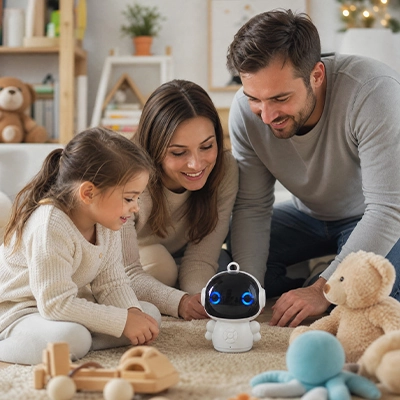 la famille Heureuse de leur cadeau de Noël famillial un Robot jouet TUYA éducatif qui a réponse à tout
