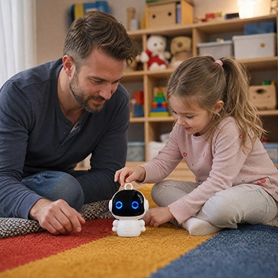 un père s'amuse avec sa fille à parler avec le Robot jouet éducatif qu'il vient de lui offrir