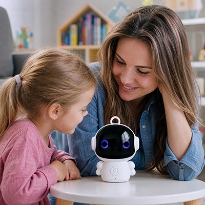 Robot jouet raconte une histoire à la mère et l'enfant selon le personnage qu'ils ont décrit sur la base en IA