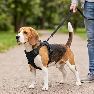 Harnais chien garçon tient laisse harnais