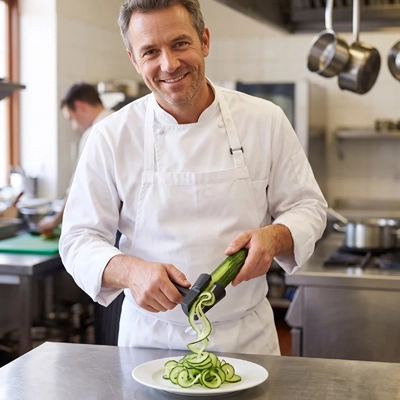 Chef utilisant coupe légume spirale sur courgette