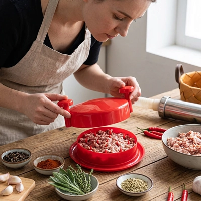 cuisine familiale avec hachoir viande manuel rouge