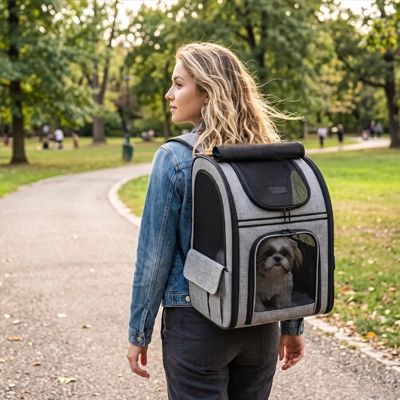 sac de transport pour chien gris noir femme exterieur