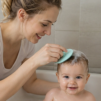 Brosse cheveux bebe en silicone pratique pour bain et massage