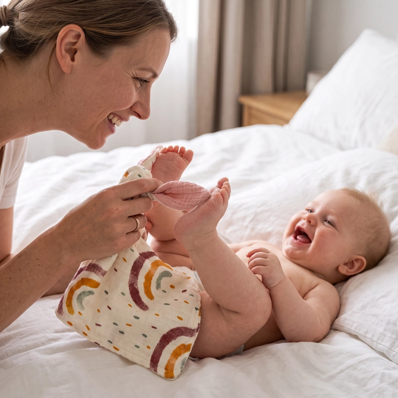 Maman jouant joyeusement avec bébé et son tissu réconfortant