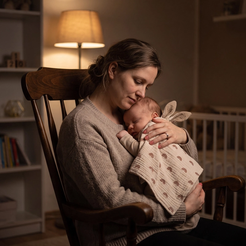 Maman berçant paisiblement son bébé endormi avec son tissu