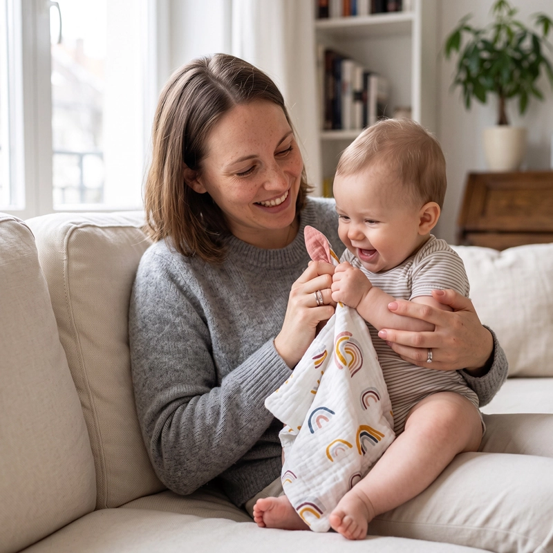 Maman rassurant son bébé avec le lange arc-en-ciel
