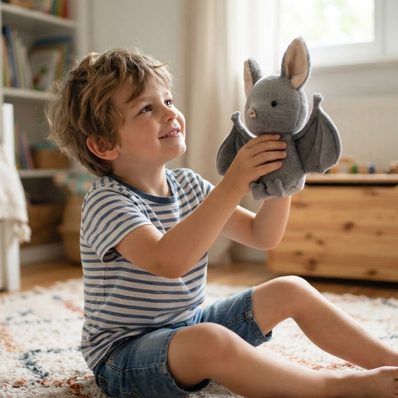 Peluche chauve souris qui amuse le gamin lui fait découvrir un monde de son imaginaire nouveau