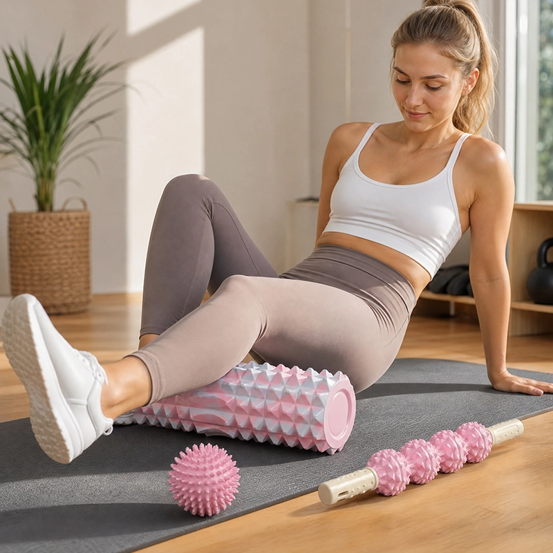 Femme assise étirant sa jambe sur un rouleau de massage.
