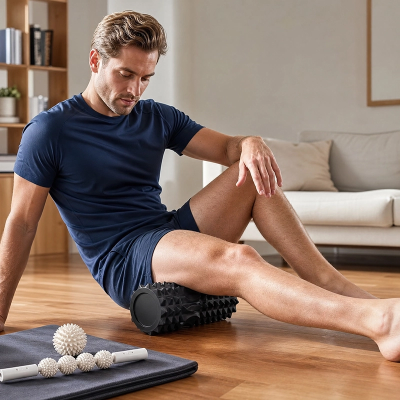 Homme assis massant son mollet avec un rouleau de massage.