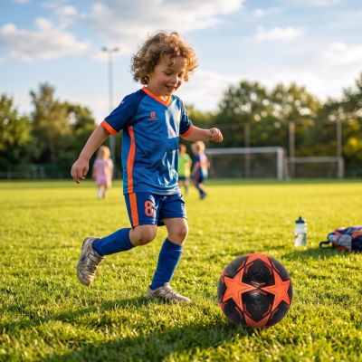 le design de ce Ballon foot noir et orange motive les enfants à courir et bouger