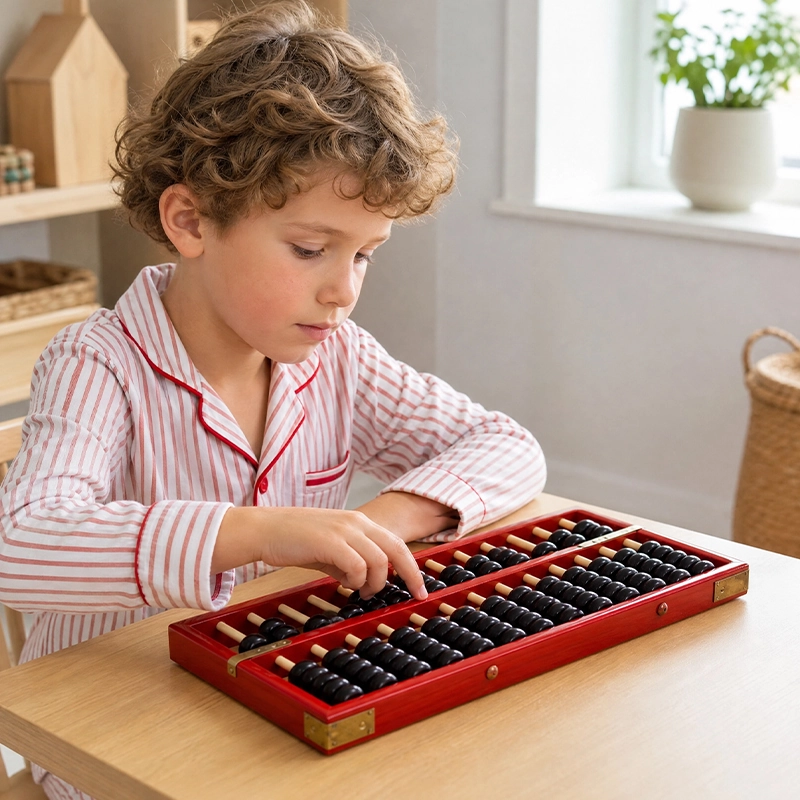 le garçon utilise le Boulier pour manipuler les nombres et comprendre facilement ses devoirs et augmenter sa note de math à l'école