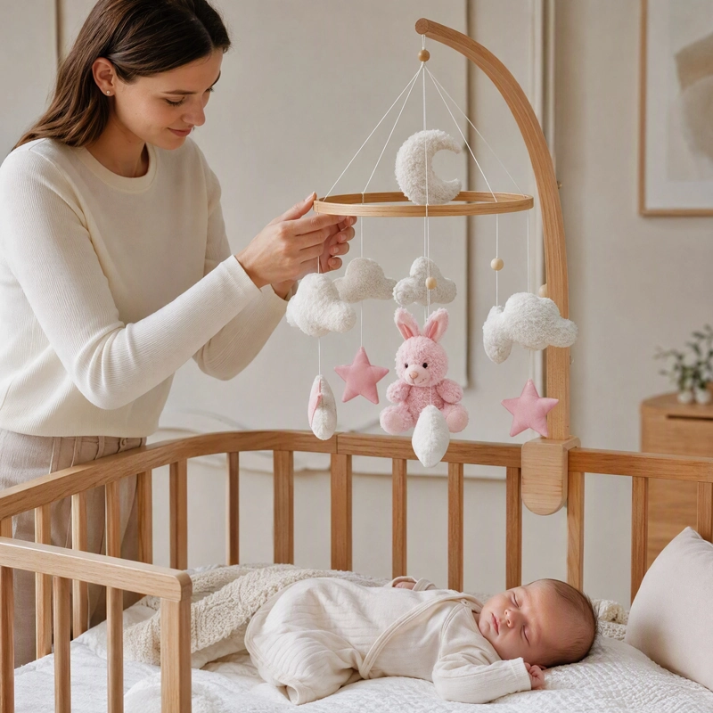 Mobile bebe en bois lapin rose maman