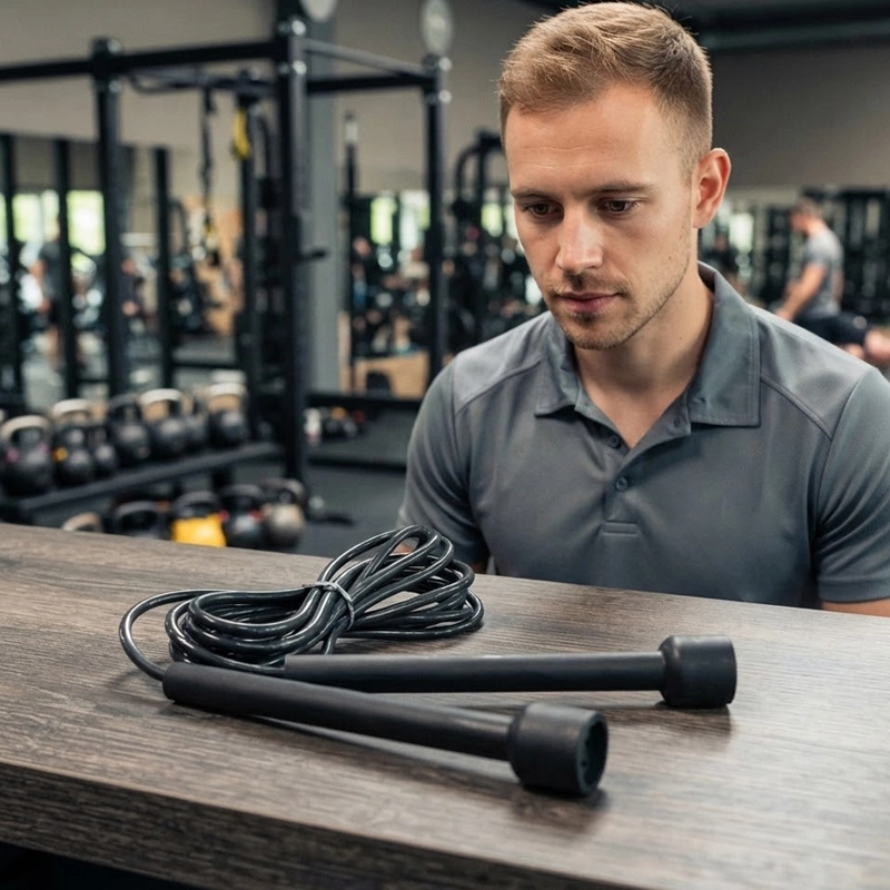 Homme en salle sport observant Corde à sauter sur table.