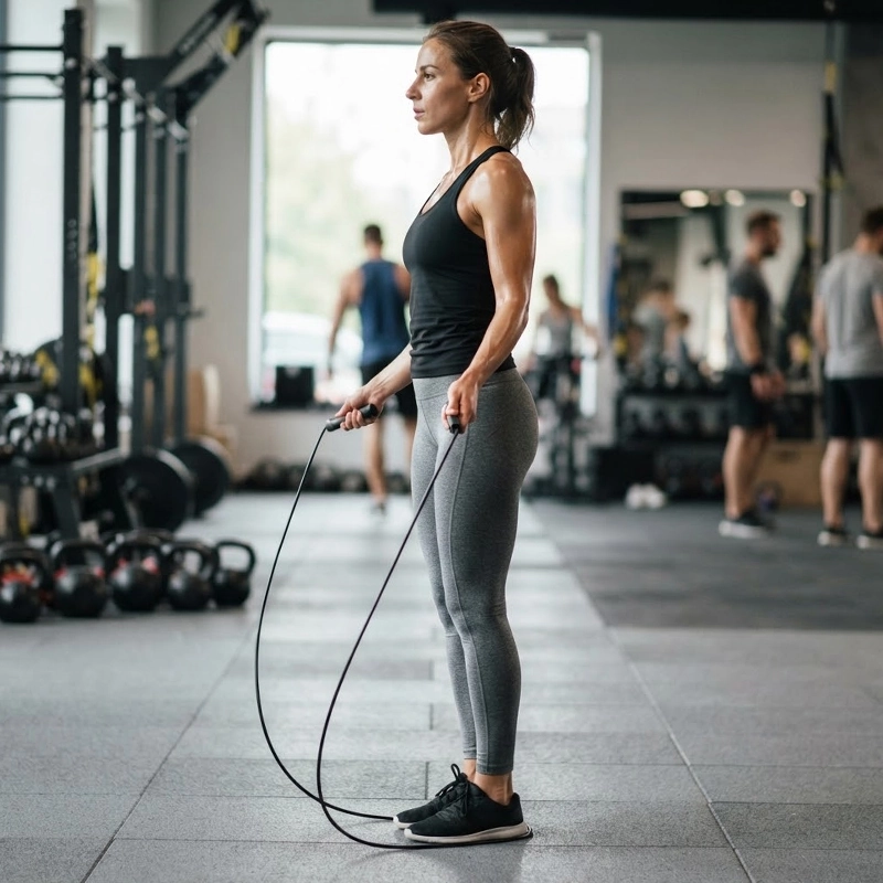 Femme debout tenant une corde à sauter dans un gymnase.
