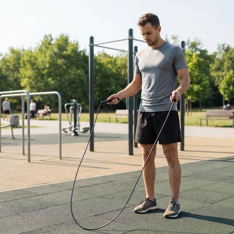 Homme debout tenant une corde à sauter dans un parc.