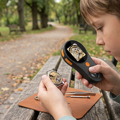 jeune garçon concentré sur son Microscope portable enfant et analyser les insectes et autre bestioles de la nature