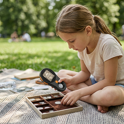 jeune fille en escursion avec son Microscope portable enfant des heures de plaisir et de découvertes