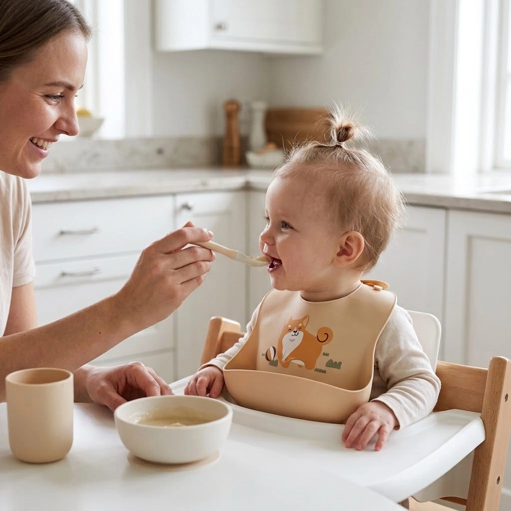 Bavoir silicone maman donne la cuillère a son fils