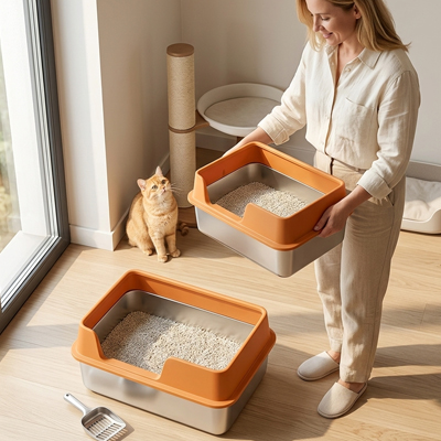 maitresse et chat avec deux bac à litière chat orange acier inoxydable